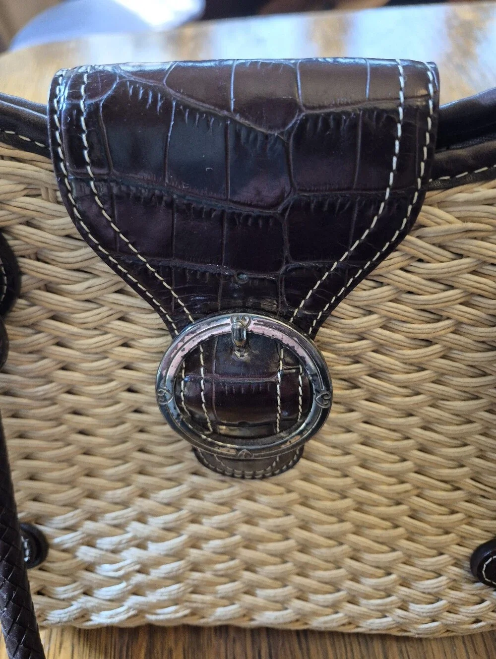 BRIGHTON woven Straw Tote Handbag with Dark Brown Croc-Trim